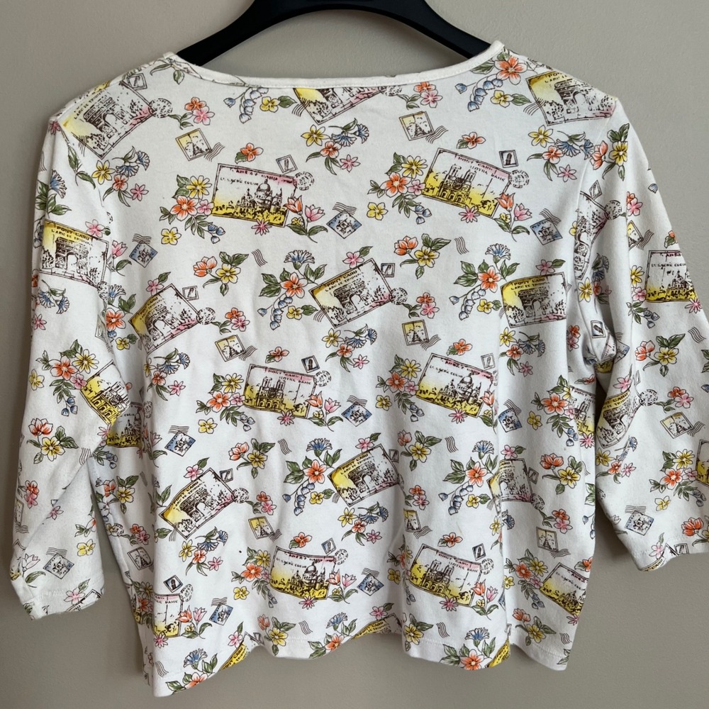 Vintage 90's Paris Euro Postcard Graphic Floral 3/4 Sleeve Artsy Conversational - Picture 5 of 5